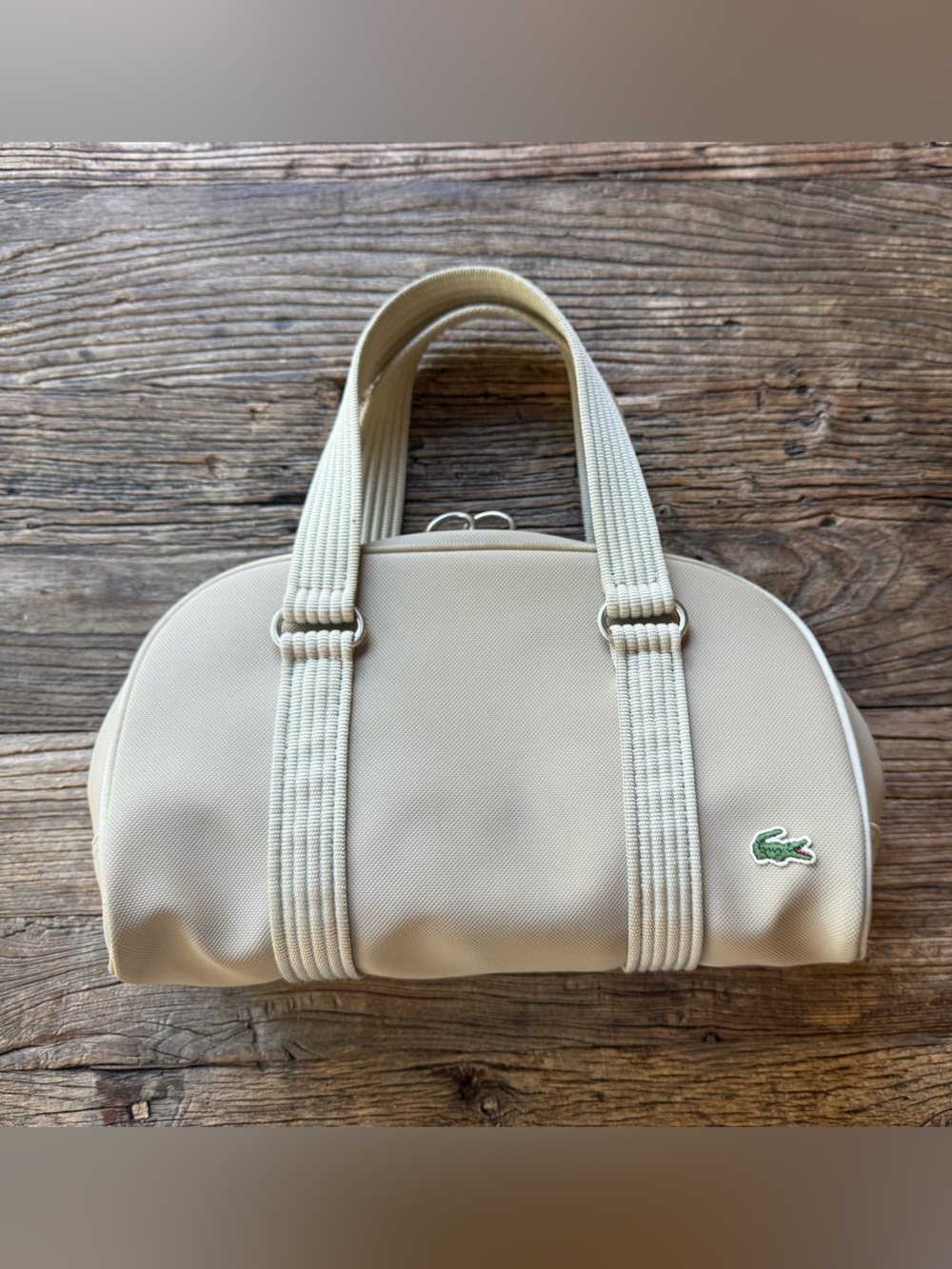 Lacoste Beige Shoulder Bowling Bag with Green Crocodile Logo
